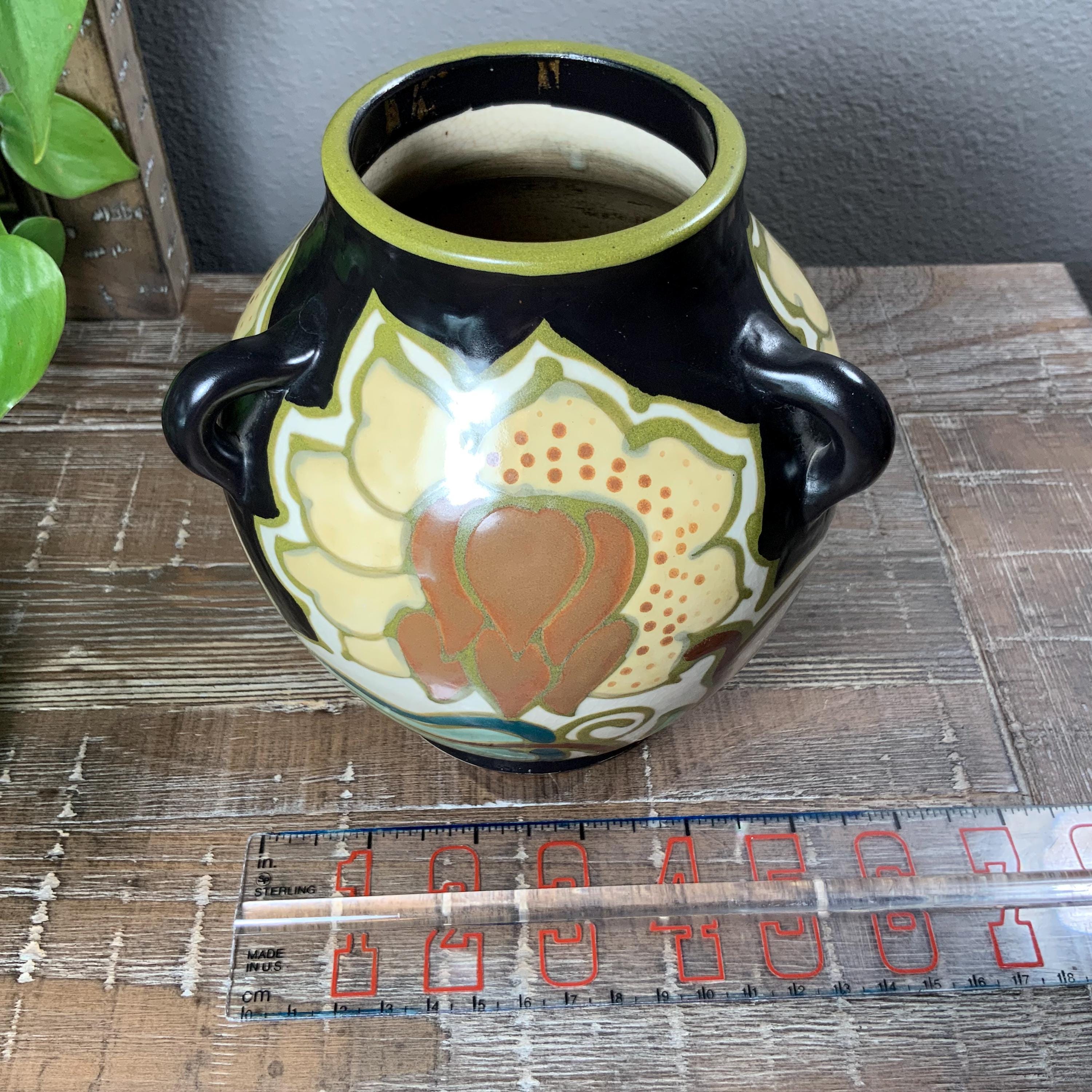 Japanese Hongan Ware Triple-handled Floral Pottery Vase - Black