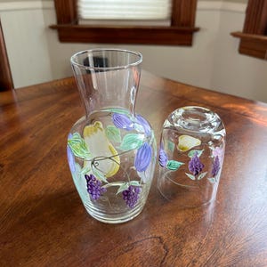 Laura Glass Hand Painted Fruit and Floral Motif Bedside Carafe and Tumbler Set!