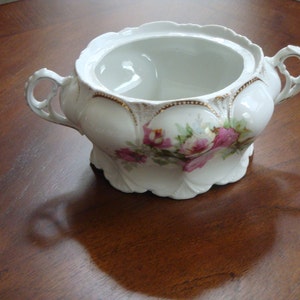 Two Handled Rose Embossed and Decorated 19th Century European Styled Bowl With Pink Roses!