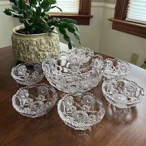EAPG Ohio Flint Glass 1906 Krys-Tol Pressed Glass GLORIA CLEAR Fruit or Dessert Bowl with 5 Serving Bowls!