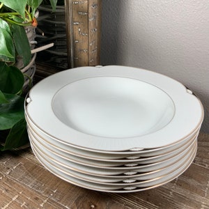 Six (6) Mikasa 8” AEGEAN Rimmed Soup Bowls - Fine China with Shells and Gold Trim - Sophisticated Dinnerware