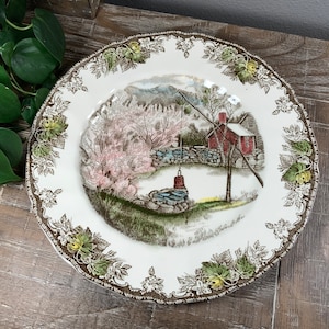 Johnson Bros THE FRIENDLY VILLAGE 10-5/8&quot; Buffet Dinner Plate - The Well - Brown Transferware Polychrome England