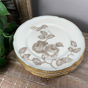 Six (6) Castleton China 8” GLORIA Salad Plates - Ivory Plate with Taupe Roses and Blue Stripe Around Heavy Gold Pearled Rim