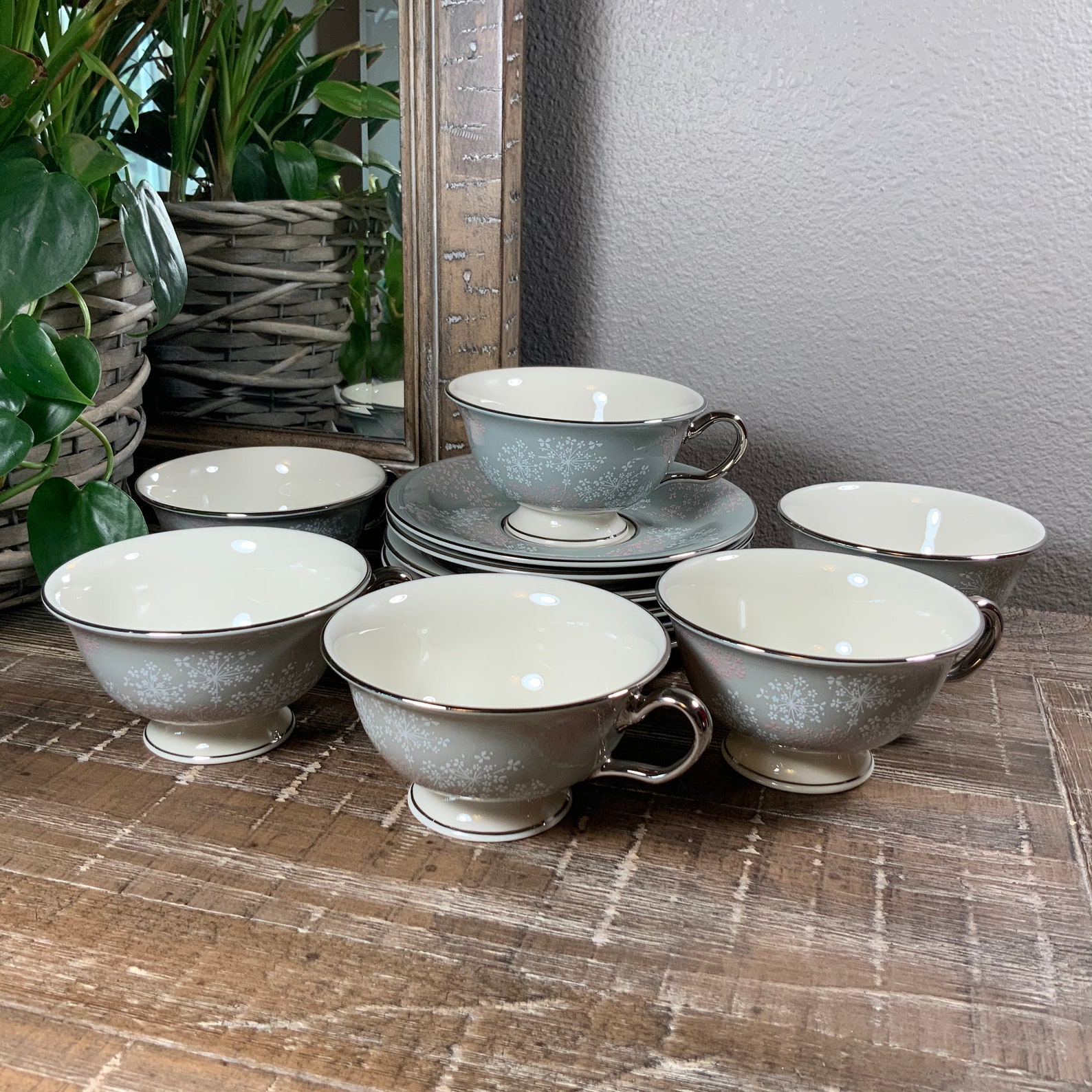 Six (6) Castleton China LACE Cups and Saucers - Pink and White Floral ...