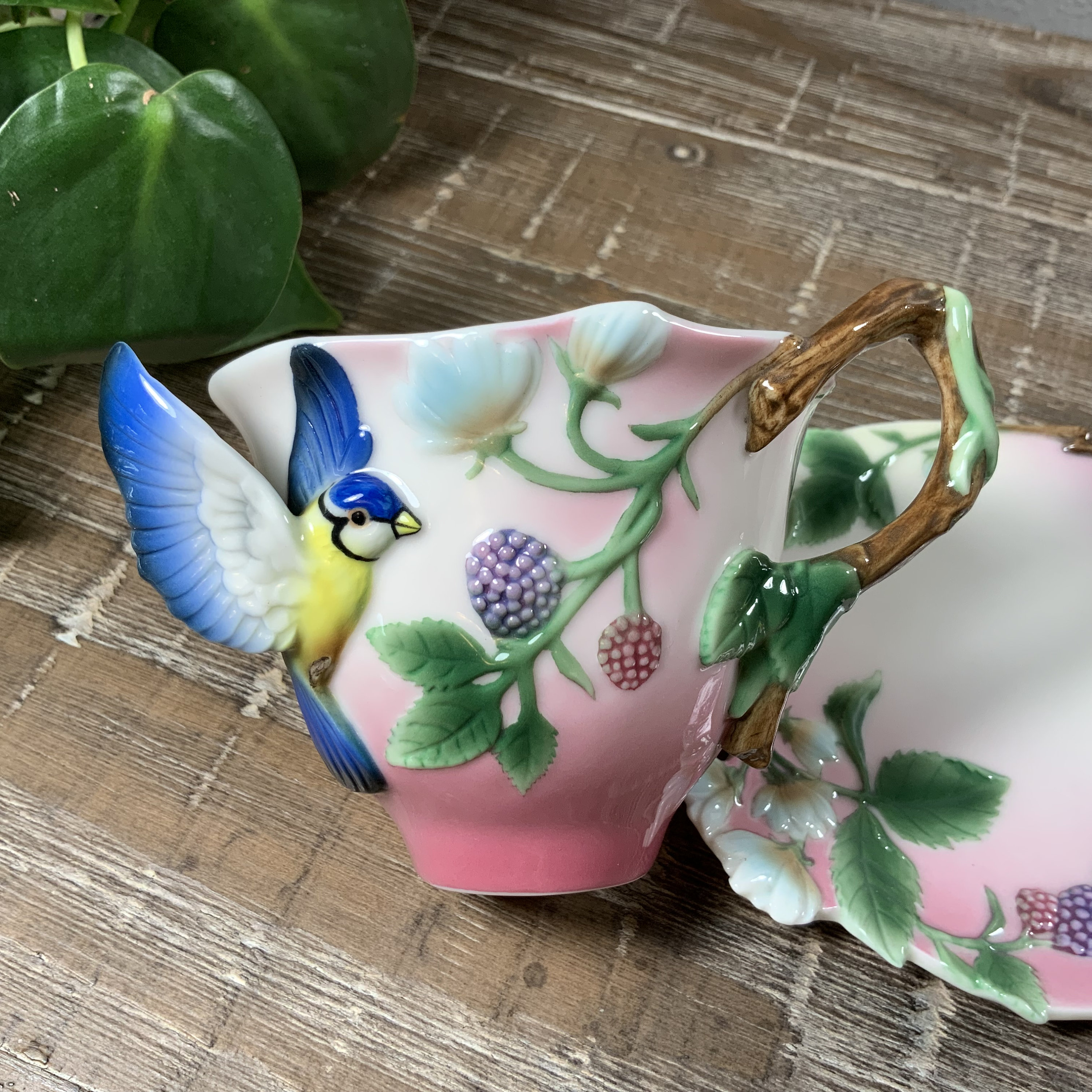 Franz Porcelain BLUEJAY and BLUE BERRY Cup and Saucer Set