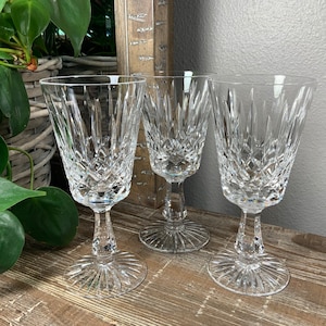 Three (3) Stuart 5-7/8” GLENDEVON Crystal Wine Goblets - Cut Criss Cross and Vertical Cuts with Starburst Foot - England