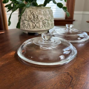 May include: Two clear glass lids with small, round knobs rest on a dark wooden surface. A decorative, light-coloured ceramic pot with a green plant is in the background. The lids are circular and appear to be for cookware.