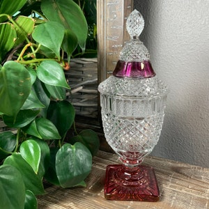 Hocking MISS AMERICA Footed Candy Jar and Cover - Crystal with Pink Flash