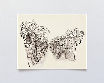 Whimsical City Street Art Print, Illustration in Black and White, Surreal Contemporary Artwork with Distorted Buildings and Twisted Trees