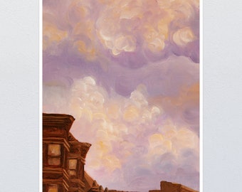 Purple Clouds Over Brownstone Rooftops, Colorful Art Print of Original Oil Painting