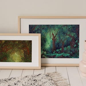 Set of 2 prints of fantasy nature paintings of whimsical woods with mysterious and calm atmospheres.