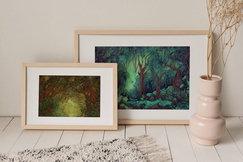 Set of 2 prints of fantasy nature paintings of whimsical woods with mysterious and calm atmospheres.