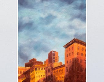 Arte de la hora dorada, arte de paisaje urbano al atardecer, impresión de arte en azotea, impresión del horizonte de Boston, arte de nubes de tormenta, arte urbano abstracto, arte azul y naranja