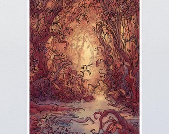 Arte del bosque encantado, arte del bosque rosa, impresión del bosque mágico, arte caprichoso del bosque, pintura del bosque, arte de la naturaleza surrealista, decoración de pared del bosque