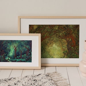 Gnarled and Twisted Tree Grove Art Print, Digital Painting of Ancient Woodland Scene, Whimsical Woods with Dense Foliage and Filtered Light image 5