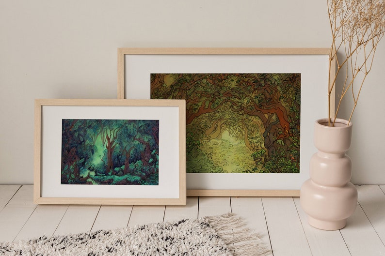 Gnarled and Twisted Tree Grove Art Print, Digital Painting of Ancient Woodland Scene, Whimsical Woods with Dense Foliage and Filtered Light immagine 5