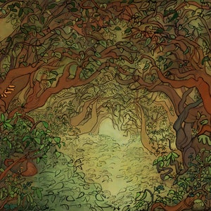 Gnarled and Twisted Tree Grove Art Print, Digital Painting of Ancient Woodland Scene, Whimsical Woods with Dense Foliage and Filtered Light immagine 2
