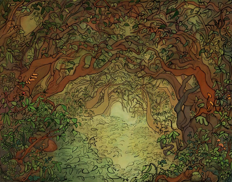 Gnarled and Twisted Tree Grove Art Print, Digital Painting of Ancient Woodland Scene, Whimsical Woods with Dense Foliage and Filtered Light immagine 2