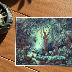 Fantasy nature painting of whimsical woods with a calm, quiet atmosphere, featuring blue and green tones and a serene jungle-like vibe.