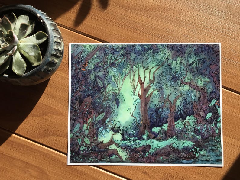 Fantasy nature painting of whimsical woods with a calm, quiet atmosphere, featuring blue and green tones and a serene jungle-like vibe.
