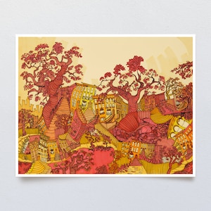 A vibrant psychedelic art print featuring a surreal urban cityscape with melting buildings, swirly sidewalks, and whimsical trees in orange and yellow tones.