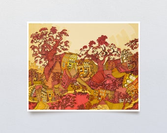 Psychedelic Swirly City Art Print, Illustration in Orange and Yellow, Surreal Modern Urban Scene with Melting Buildings, Trees and Sidewalks