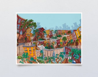 Colorful Bustling Cityscape Art Print, Illustration in Vibrant Bold Color, Surreal Urban Scene of Dense City Twisted Buildings and Trees