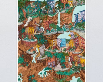 Tree House Art Print - Colorful Illustration of Whimsical Town, Fantasy Cityscape of Urban Village Nestled Inside Twisted Branches and Roots