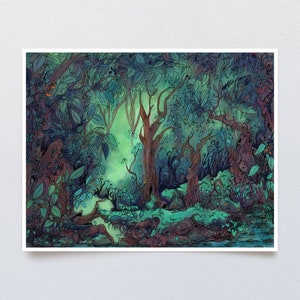 Whimsical Storybook Forest Art Print, Digital Painting of Fantasy Nature Scene, Enchanting Dense Woods with Cool and Mysterious Atmosphere image 1