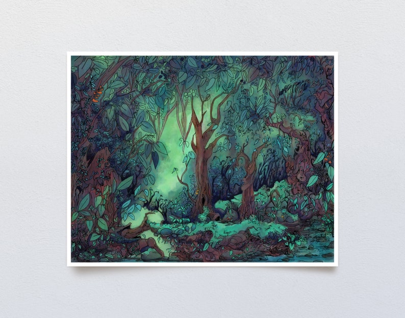 Whimsical Storybook Forest Art Print, Digital Painting of Fantasy Nature Scene, Enchanting Dense Woods with Cool and Mysterious Atmosphere image 1