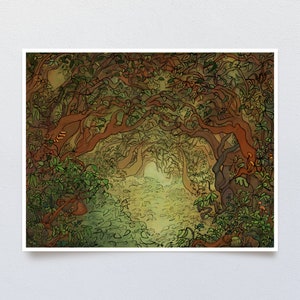 Gnarled and Twisted Tree Grove Art Print, Digital Painting of Ancient Woodland Scene, Whimsical Woods with Dense Foliage and Filtered Light image 1