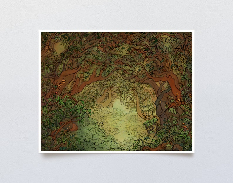 Gnarled and Twisted Tree Grove Art Print, Digital Painting of Ancient Woodland Scene, Whimsical Woods with Dense Foliage and Filtered Light image 1