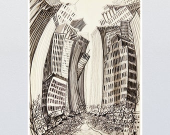 Twisted Skyscraper Art Print, Illustration in Black and White, Unique Modern Surreal Cityscape with Abstract and Exaggerated Architecture