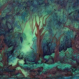 Fantasy nature painting of whimsical woods with a calm, quiet atmosphere, featuring blue and green tones and a serene jungle-like vibe.
