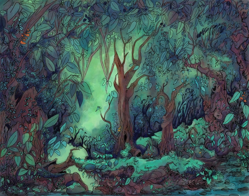 Fantasy nature painting of whimsical woods with a calm, quiet atmosphere, featuring blue and green tones and a serene jungle-like vibe.