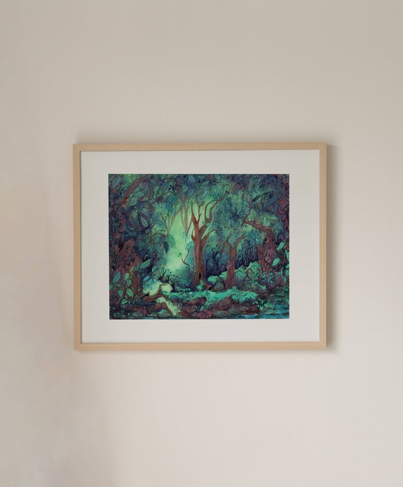 Whimsical Storybook Forest Art Print, Digital Painting of Fantasy Nature Scene, Enchanting Dense Woods with Cool and Mysterious Atmosphere image 3