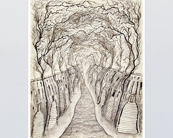 Haunted Tree-Lined Street Art Print, Illustration in Pen and Ink, Surreal Black and White Cityscape, Ghostly and Creepy Modern Urban Scene