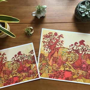 8x10 and 11x14 psychedelic art print featuring a surreal urban cityscape with melting buildings, swirly sidewalks, and whimsical trees in orange and yellow tones.