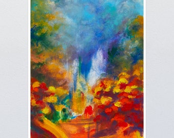 Colorful Autumn Art Print, Watercolor of Abstract Landscape, Modern Impressionist Textured Painting with Vibrant Playful Brush Strokes