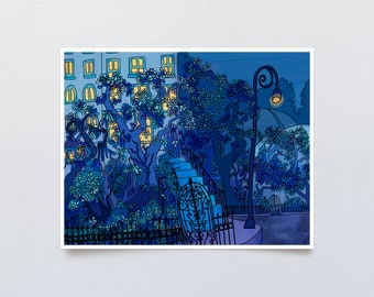 Blue Midnight Art Print, Digital Painting of Nighttime Urban Scene, Abstract Moonlit Cityscape with Yellow Street Lamps and Whimsical Trees