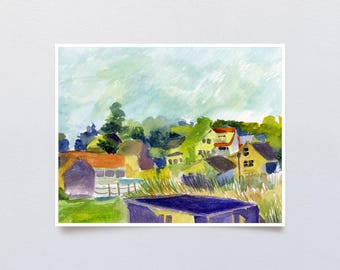 Pueblo en acuarela, pintura pastoral, arte rústico colorido, paisaje rural, paisaje abstracto, impresión impresionista, paisaje americano de un pequeño pueblo.