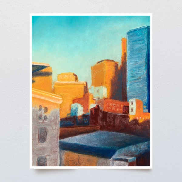 City at Sunset Art Print, Pastel Painting of Buildings at Golden Hour, Abstract Cityscape of Colorful Warm Buildings in the Summer Light