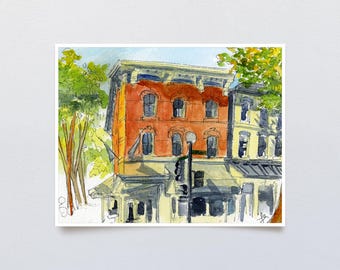 Arte de Washington DC, calle soleada de la ciudad, arte mural de Georgetown, arte mural moderno, arte callejero de DC, arte mural de paisaje urbano, arte urbano colorido, arte urbano