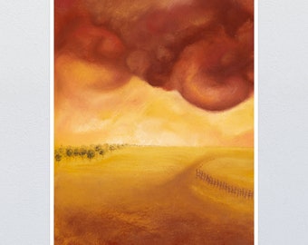 Stormy Sky Over Rural Farm Art Print, Pastel Painting of Dramatic Landscape, Modern Abstract Nature Scene with Ominous Red Clouds at Sunset