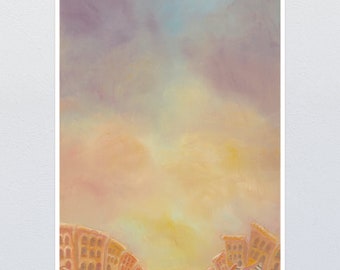 Cotton Candy Sky Art Print, Abstract Oil Painting with Warm Colors, Dreamy Contemporary Cityscape with Brownstone Rooftops