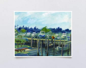 Impresión artística de marina, pintura de barco, pesca, decoración náutica, arte mural costero, impresión artística del puerto, regalo para pescador, arte costero azul, playa