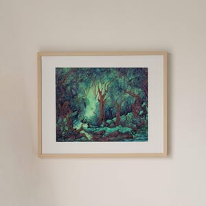 Fantasy nature painting of whimsical woods with a calm, quiet atmosphere, featuring blue and green tones and a serene jungle-like vibe.
