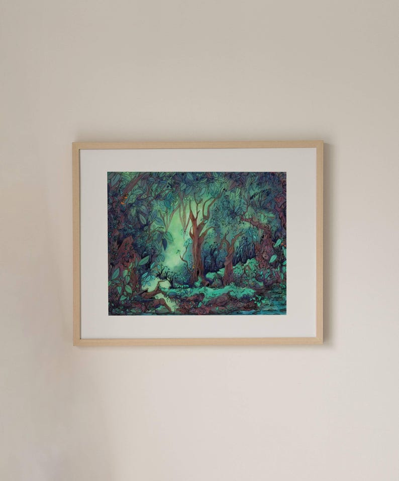 Fantasy nature painting of whimsical woods with a calm, quiet atmosphere, featuring blue and green tones and a serene jungle-like vibe.