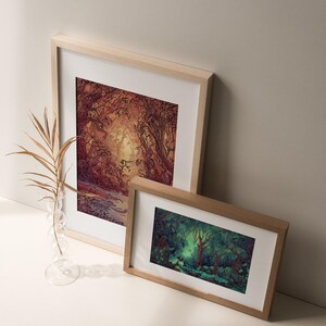 Set of 2 prints of fantasy nature paintings of whimsical woods with mysterious and calm atmospheres.
