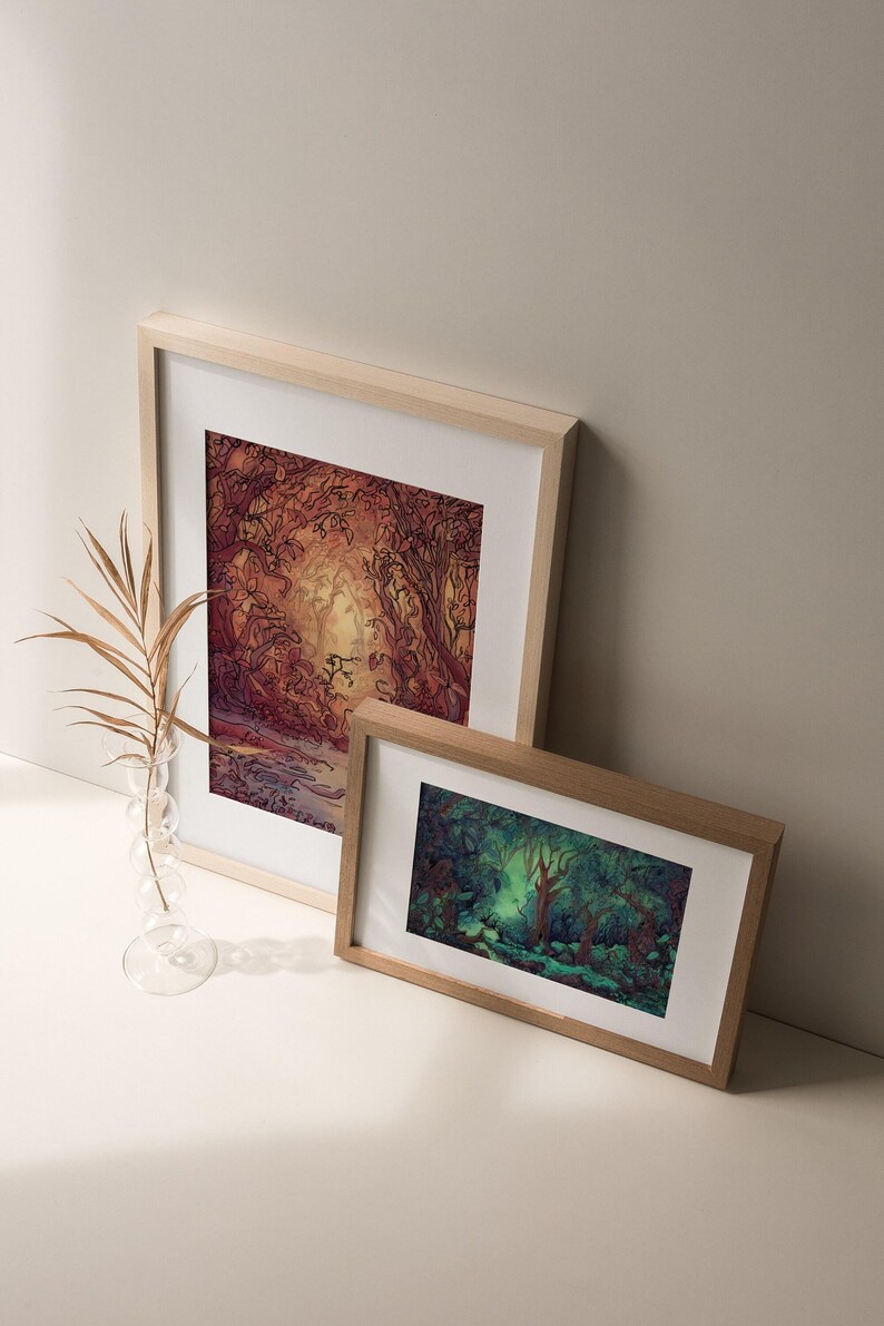 Set of 2 prints of fantasy nature paintings of whimsical woods with mysterious and calm atmospheres.
